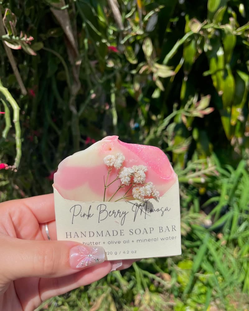 Pink Berry Mimosa handmade soap bar with baby's breath