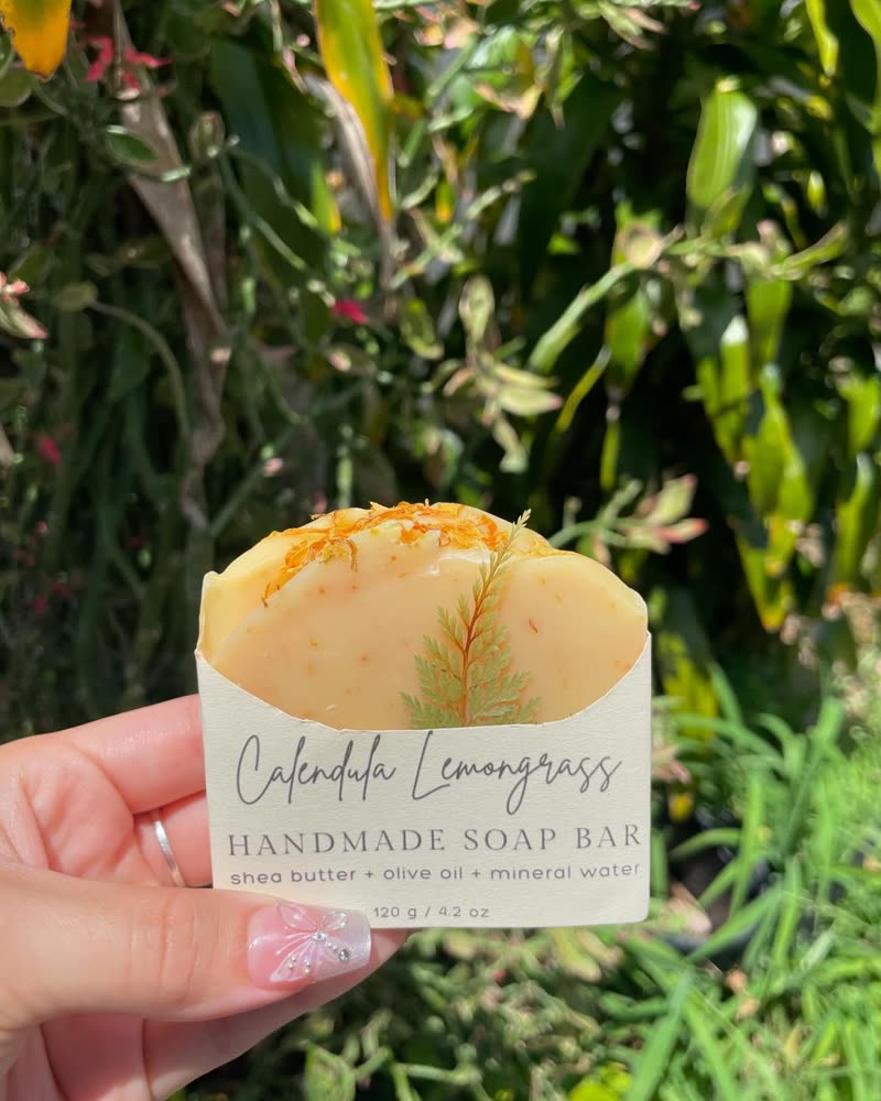 Calendula Lemongrass handmade soap bar topped with calendula petals