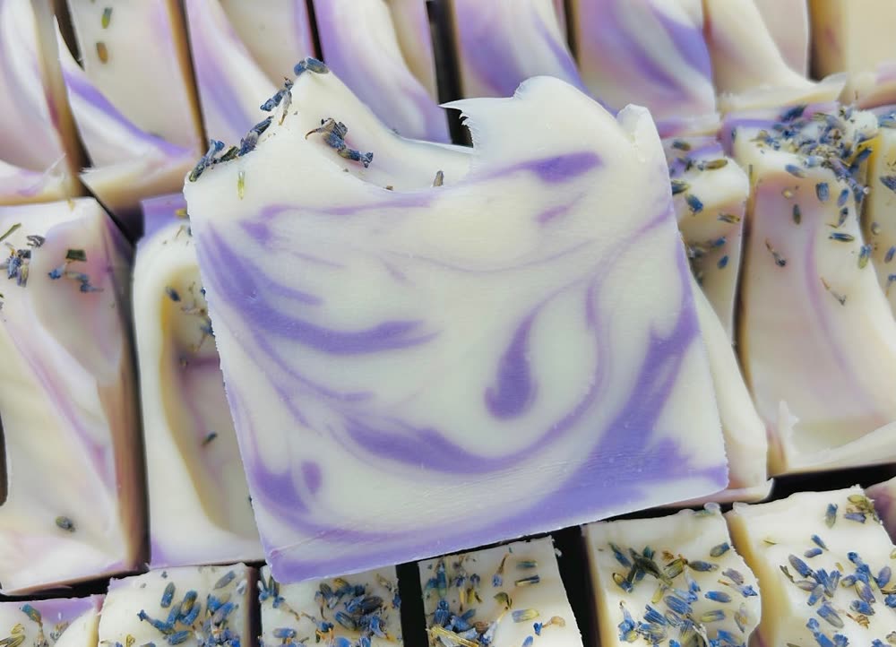 Freshly cut lavender swirl soap bars