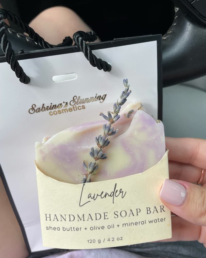 Lavender handmade soap bar with a dried lavender sprig