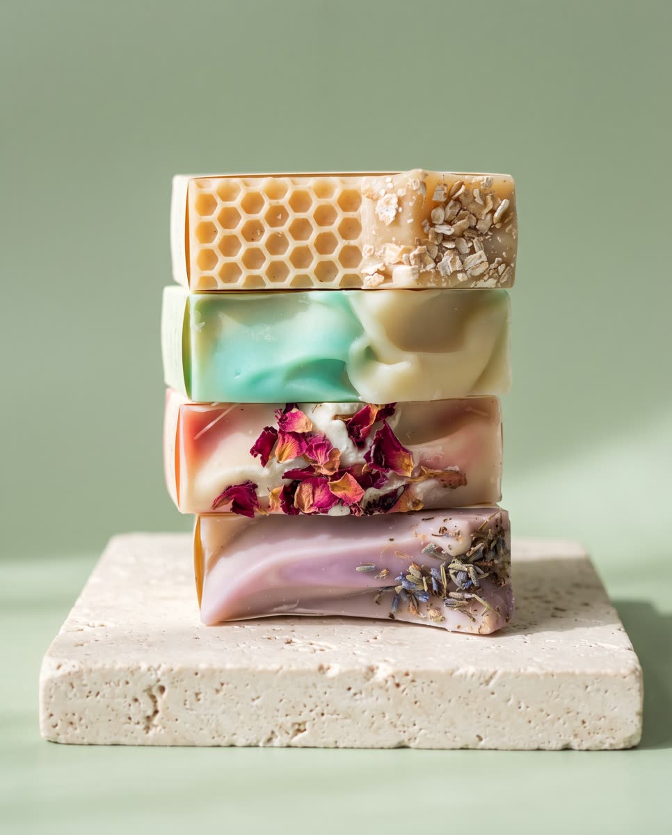 Four handmade soap bars stacked on travertine